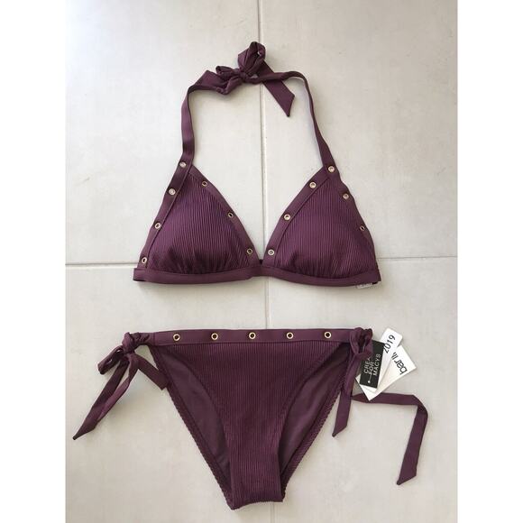 Bar III Bikini Set Ribbed Grommet Halter Padded Swimwear - Picture 1 of 10